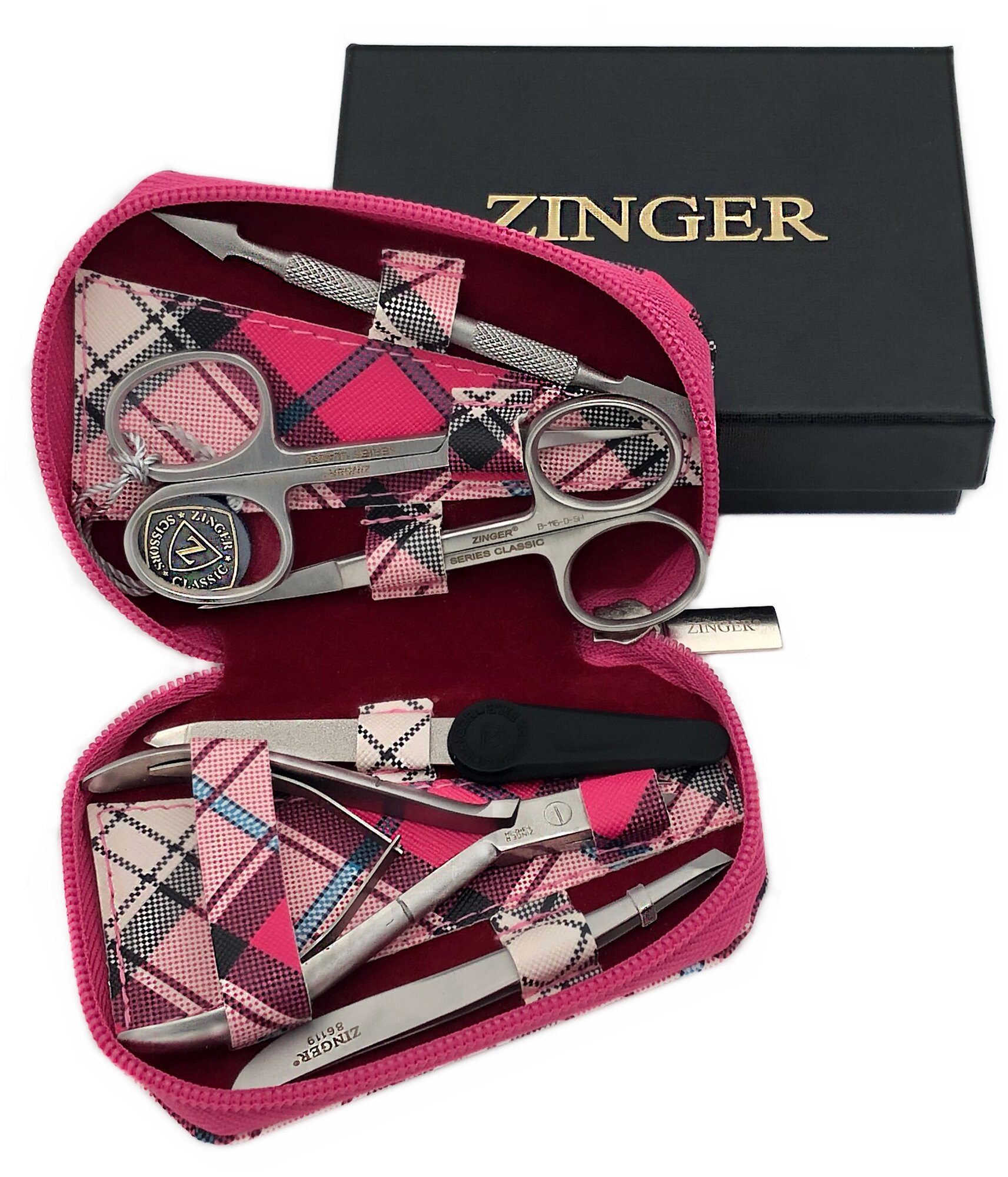 Маникюрный набор Zinger 7103, 6 предметов, серебристый/розовый клетка