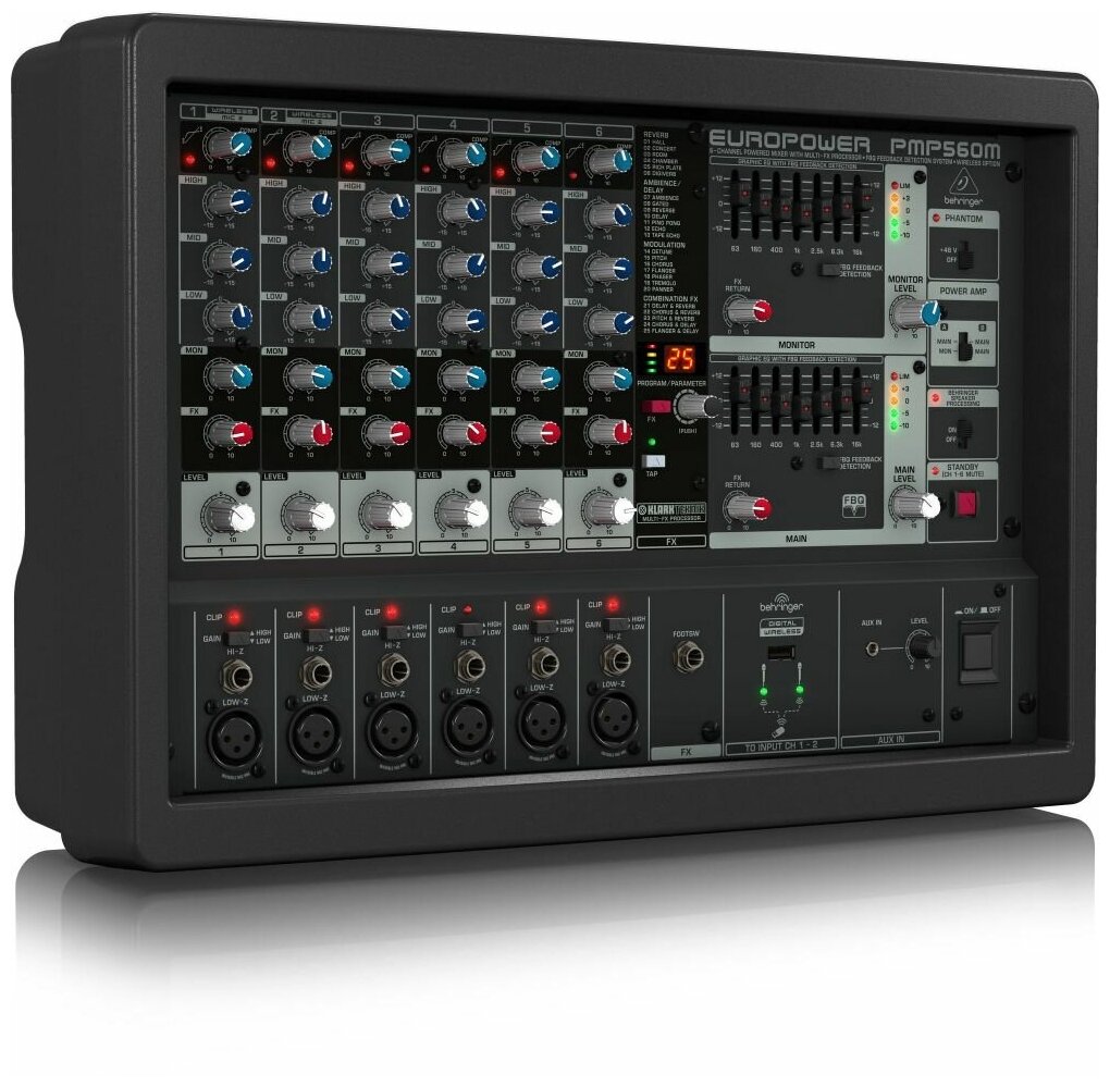 Behringer PMP560M микшер-усилитель 500Вт•4Ом, 6 мик./лин.- каналов, процессор KLARK TEKNIK, FBQ анти