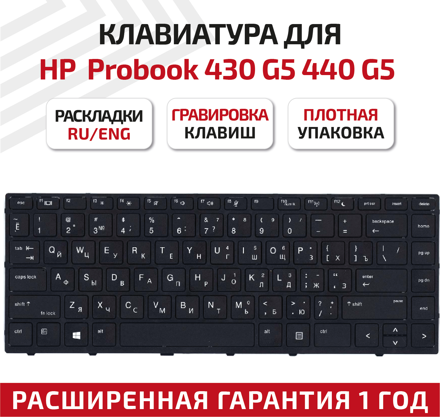 Клавиатура (keyboard) для ноутбука HP ProBook 430 G5, 440 G5, 445 G5, черная без подсветки