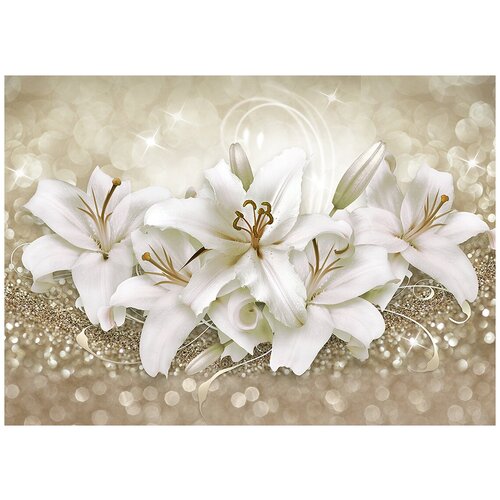 Белые лилии блеск - Виниловые фотообои, (211х150 см) белые лилии на шелке виниловые фотообои 211х150 см