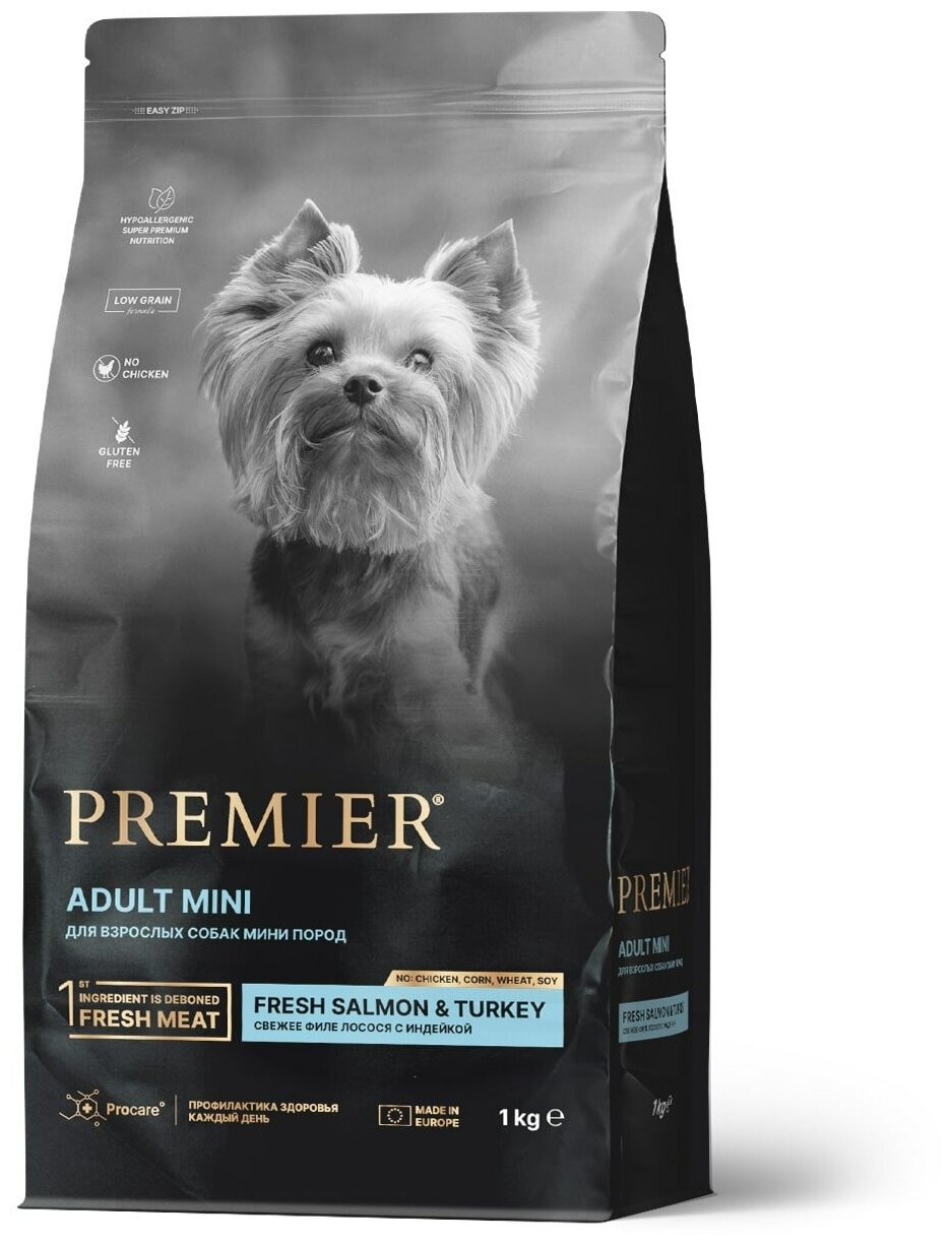 Premier Dog Adult Mini сухой корм для взрослых собак мини пород Лосось и индейка, 1 кг.