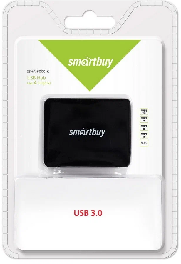 A USB Hub SBHA-6000-K, Black, 4 порта, USB 3.0 SmartBuy