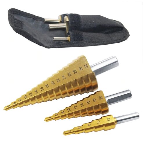 Ступенчатые сверла Run Energy по металлу c титановым покрытием 4-32 комплект 3 штуки