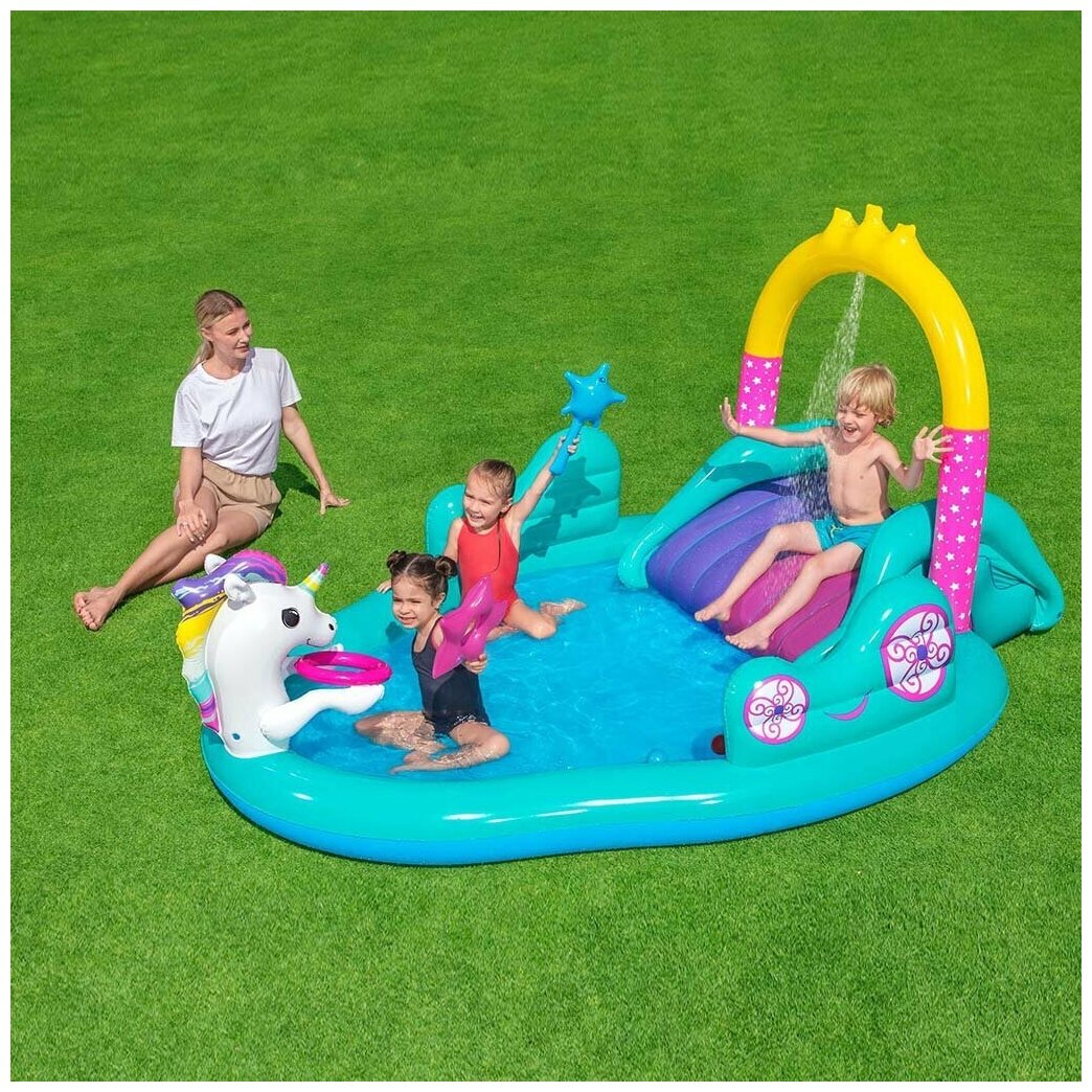 Игровой центр-бассейн Bestway, 274х198х137.5 см, Волшебный единорог, 53097, 220 л, горка, распылитель, мячики, кольцо, от 2 лет - фото №14