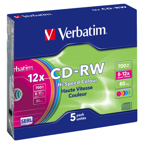 CD-RW Диск VERBATIM (PACK 5 шт. в футлярах slim) 8-12x 700Mb 80 min sonnen диск cd rw sonnen 700 mb 4 12x slim case 1 штука 512579 15 уп