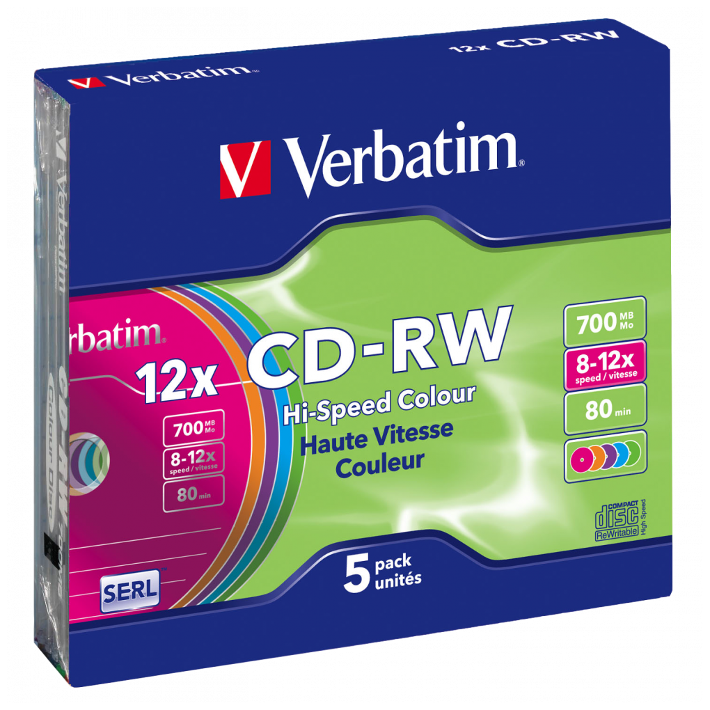 Оптический диск Verbatim CD-RW 700МБ 8x-12x Slim, цветные (5шт)