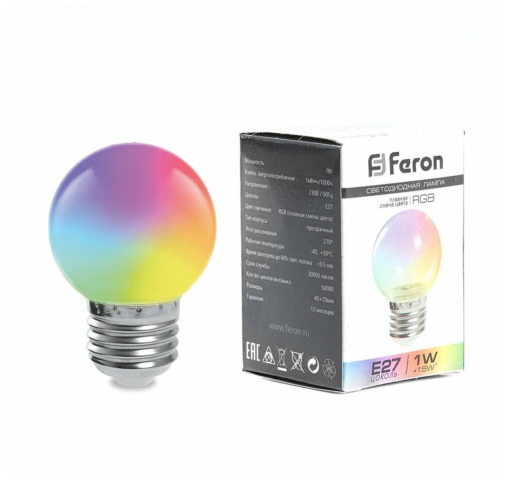 Лампа светодиодная Feron E27 1W RGB матовая LB-37 38126