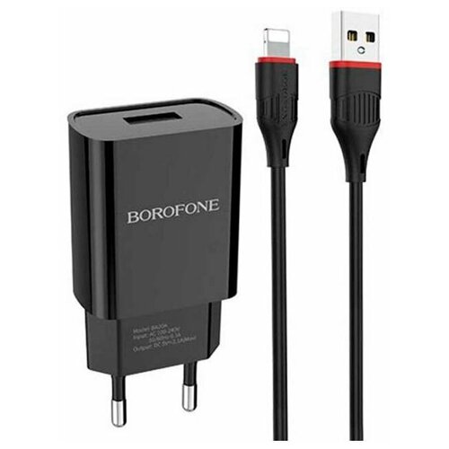 сетевое з у borofone ba20a 1usb 2 1a с кабелем microusb черный Сетевое зарядное устройство Borofone BA20A Single port charger set, с кабелем Lightning (ORIGINAL), черный