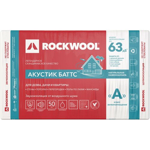 Звукоизоляция Rockwool Акустик Баттс, 50 мм rockwool сауна баттс 1000х600х50 мм