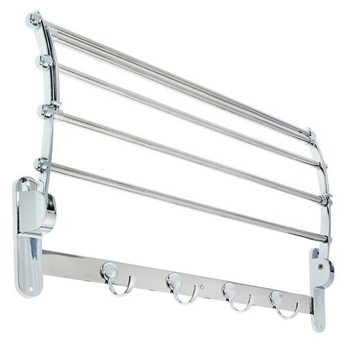 Полка откидная с держателем полотенец, 4 крючка, 58×25×13 см, цвет хром