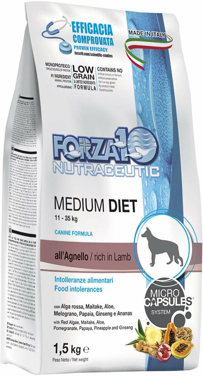 FORZA10 DOG MEDIUM DIET монобелковый для взрослых собак средних пород при аллергии с ягненком (1,5 кг)