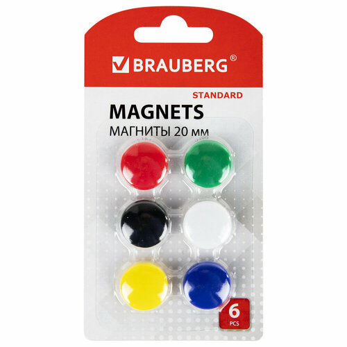 Магниты малого диаметра 20 мм, набор 6 шт, ассорти, BRAUBERG STANDARD, 237469 упаковка 8 шт.