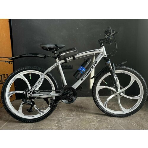 Велосипед горный RICHIESTO 24 колёса Алюминиевые кованные литые диски Детский Подростковый Спортивный серебристо-черный 25500₽