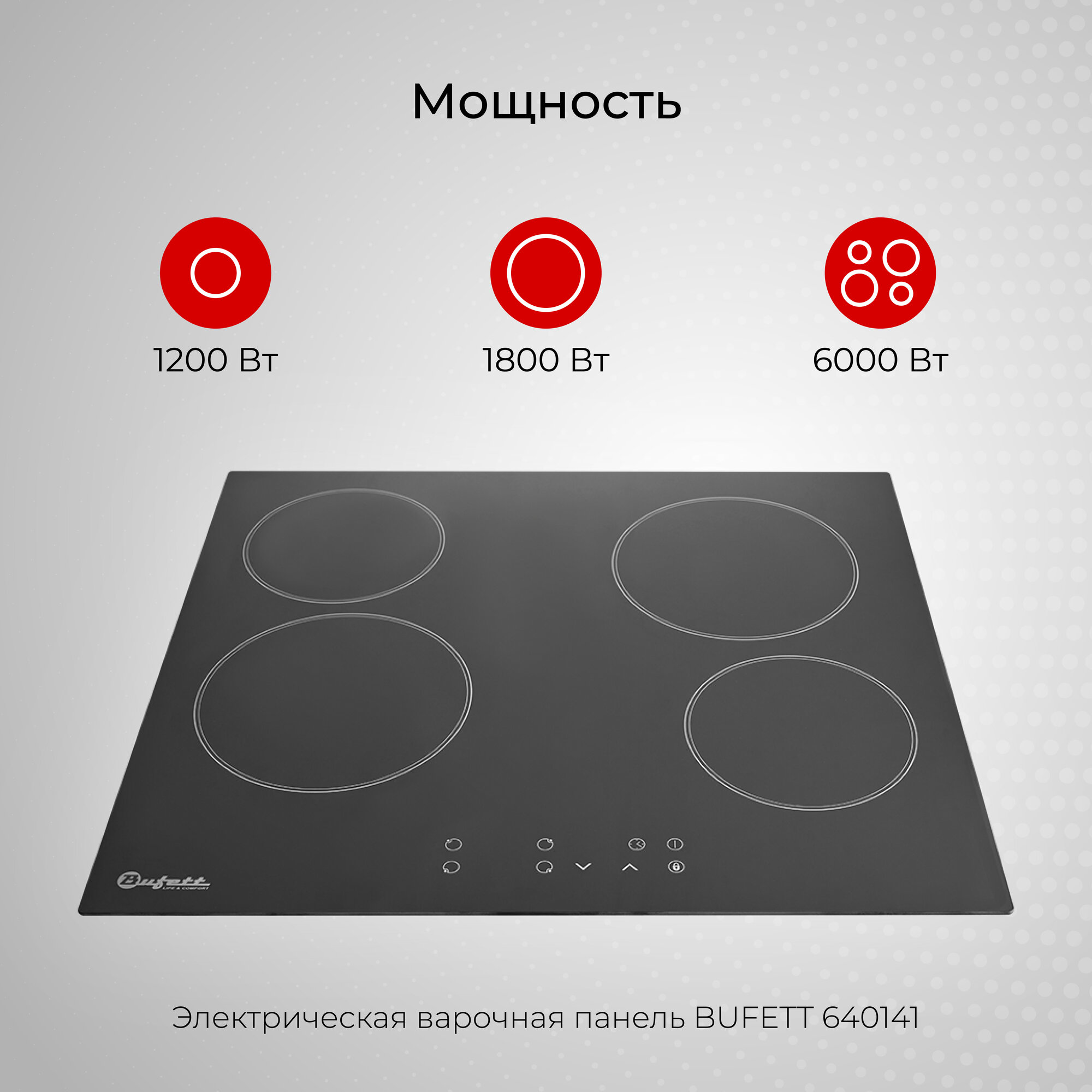 Варочная панель электрическая встраиваемая 4 конфорки BUFETT 640141, 6000 Вт