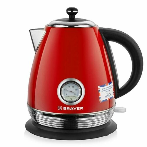 чайник электрический brayer br1008bk 2200 вт 1 7 л strix автоотключение термостойкий пластик Чайник электрический BRAYER BR1007, металл, 1.7 л, 2200 Вт, автоотключение, красный