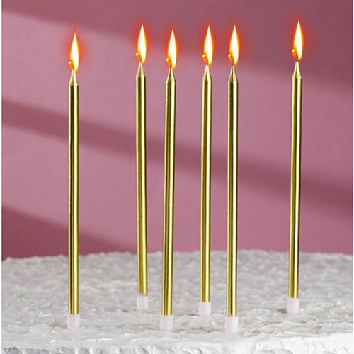 Свечи для торта с подставками, золото, 6 шт, длина 13 см, парафин, пластмасса, блистерная упаковка