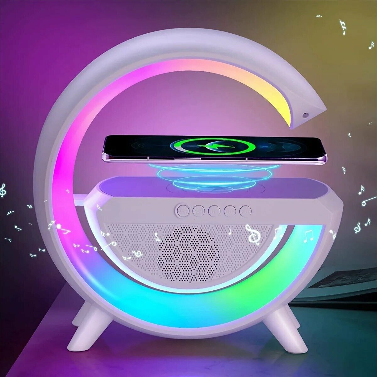 Стильный RGB Ночник с беспроводной зарядкой и Bluetooth колонкой белый — фото 1