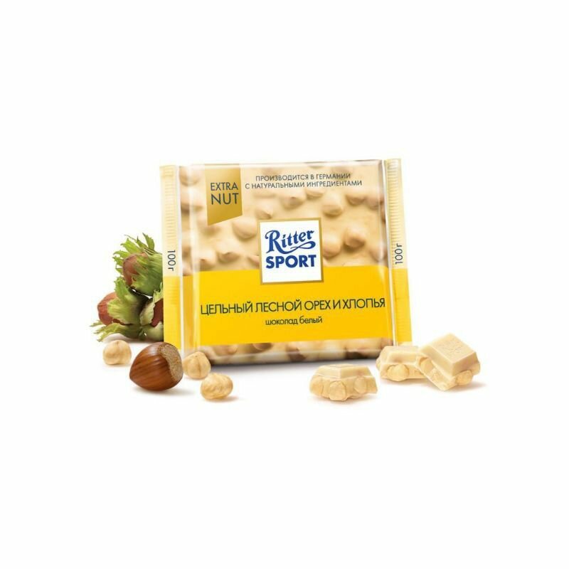 фото Шоколад Ritter Sport (Риттер Спорт) "Extra Nut" белый с цельным лесным орехом и хлопьями 100 г