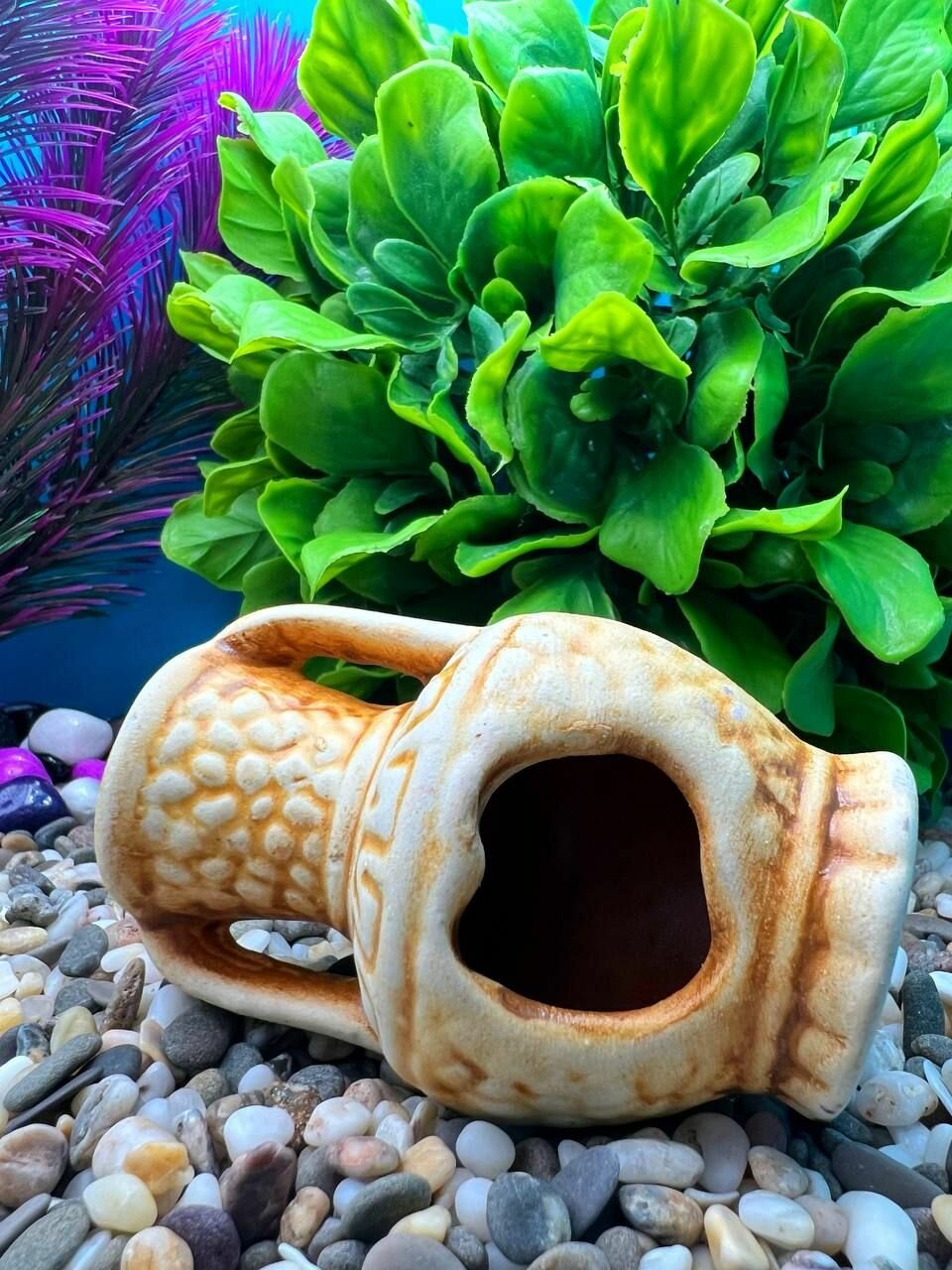 Грот Кувшин керамический бежевый; декорация для аквариума, укрытие для рыб