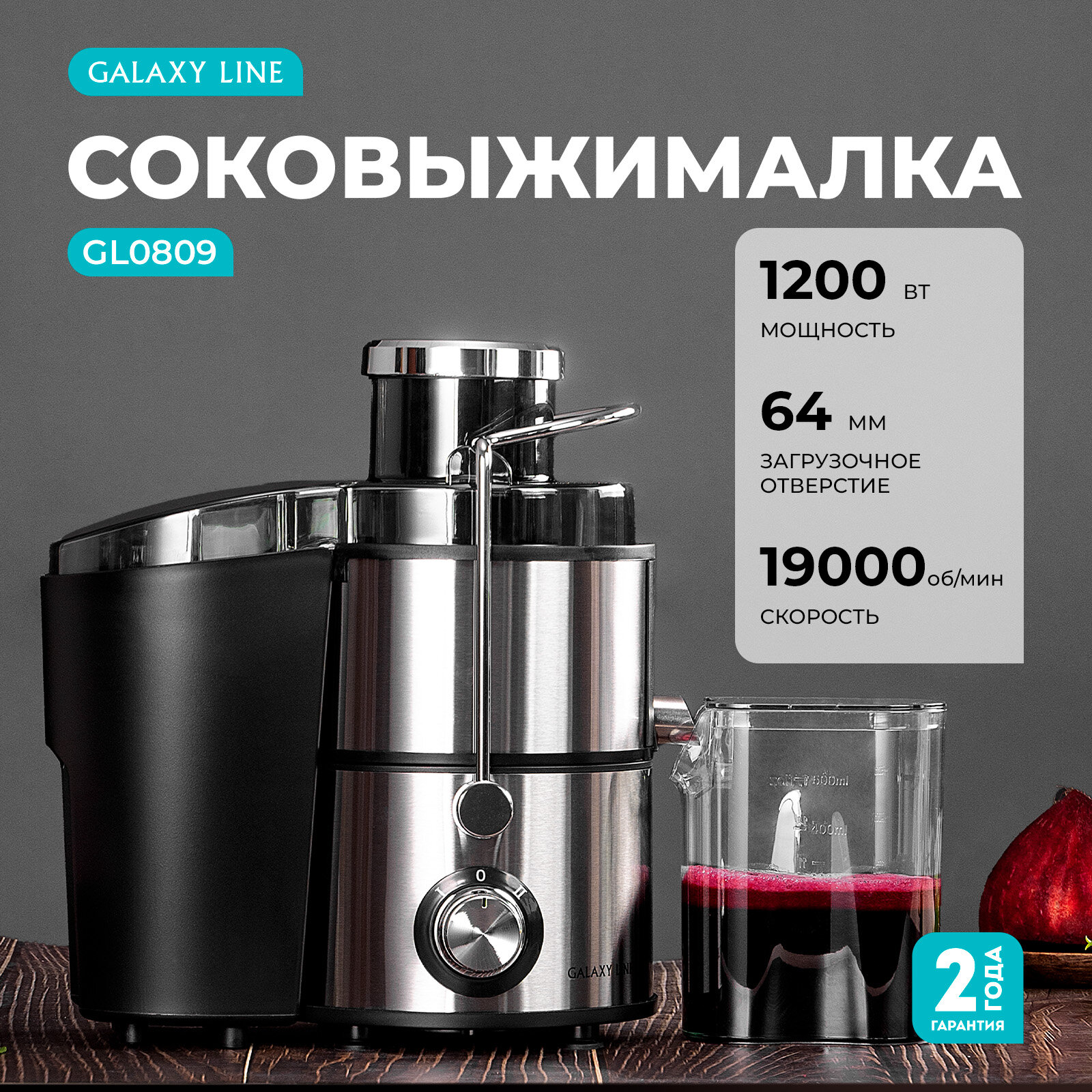 Центробежная соковыжималка GALAXY GL0809, 1200Вт, 2 скорости, нержавеющая сталь