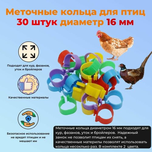 Меточные кольца для птиц, кур, уток 16 мм 30 штук разные