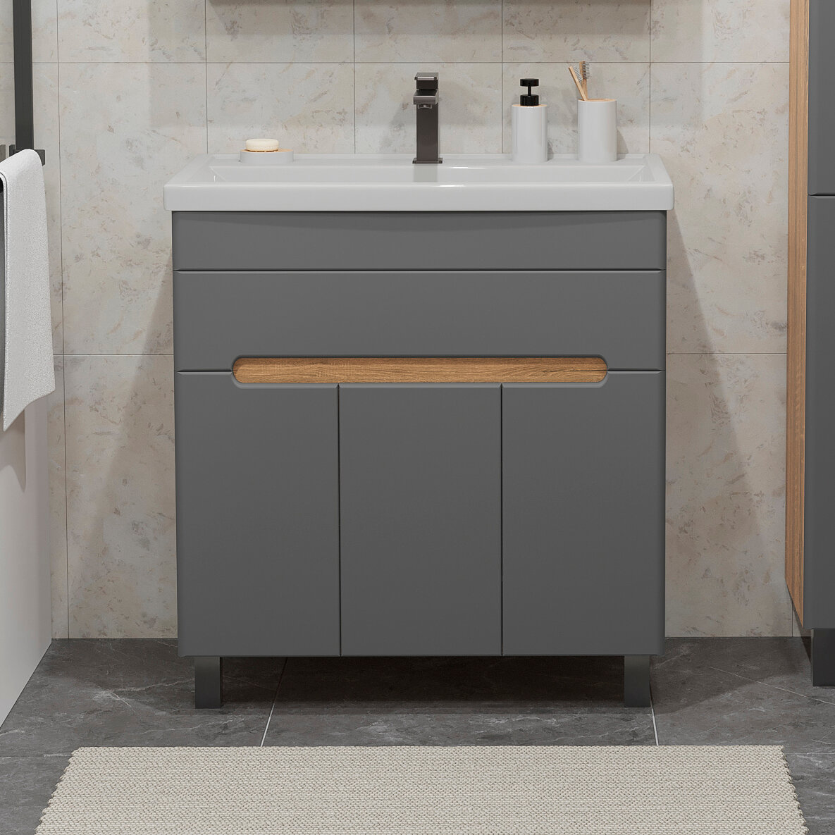 Тумба напольная SanStar Модена 80 с раковиной Фостер 80 (комплект) для ванной комнаты графит софт