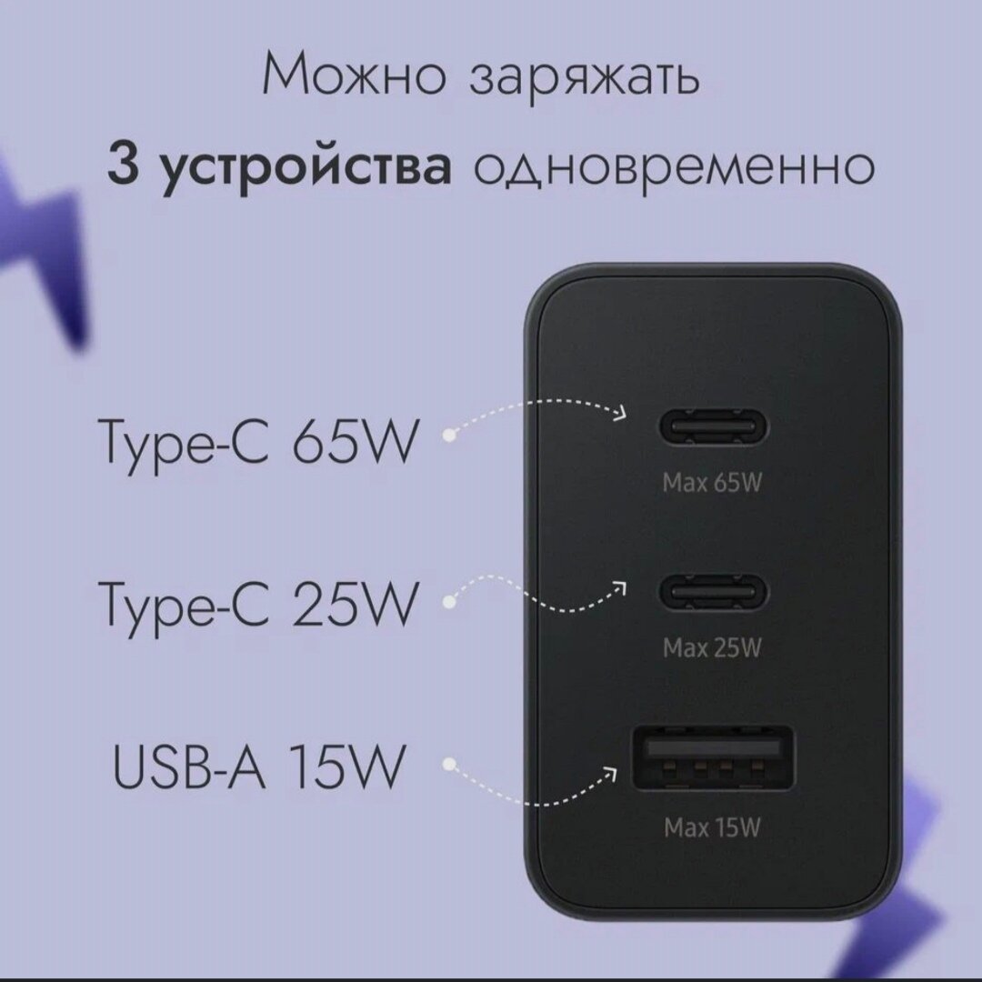Зарядное устройство для Samsung 65W чёрный + USB-кабель Type-C — фото 1