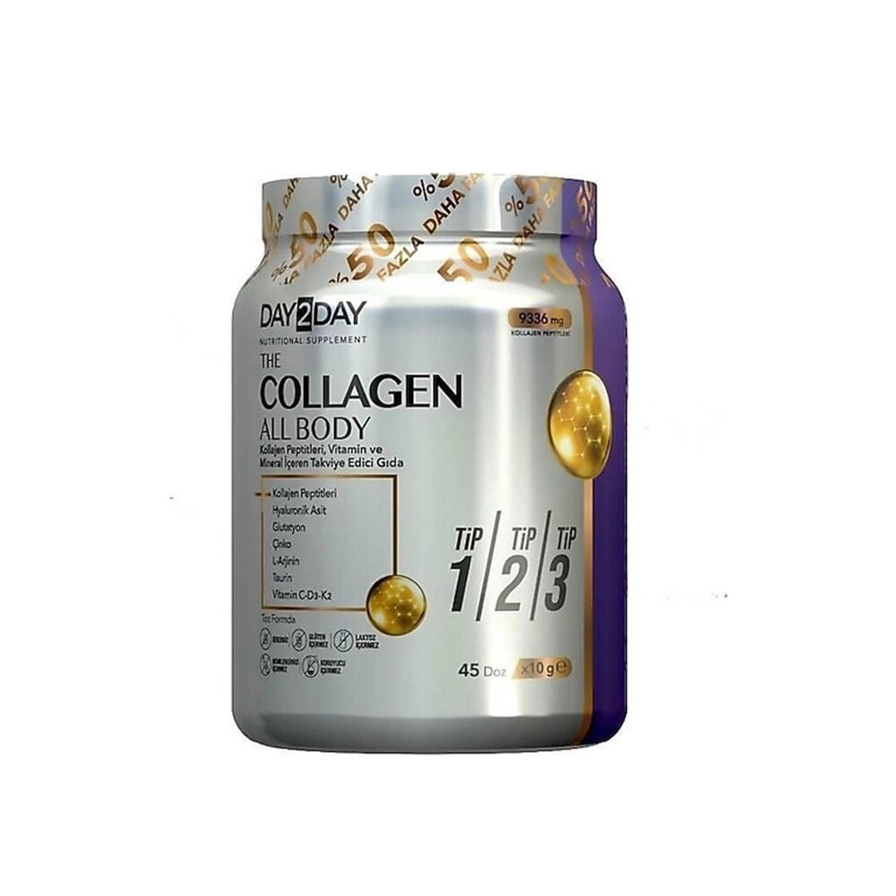 Day2Day The Collagen All Body Powder 450 гр Пищевая добавка в форме порошка, содержащая в одной порции 9366,6 мг коллагеновых пептидов, глутатион, гиалуроновую кислоту, а также комплекс витаминов и минералов.