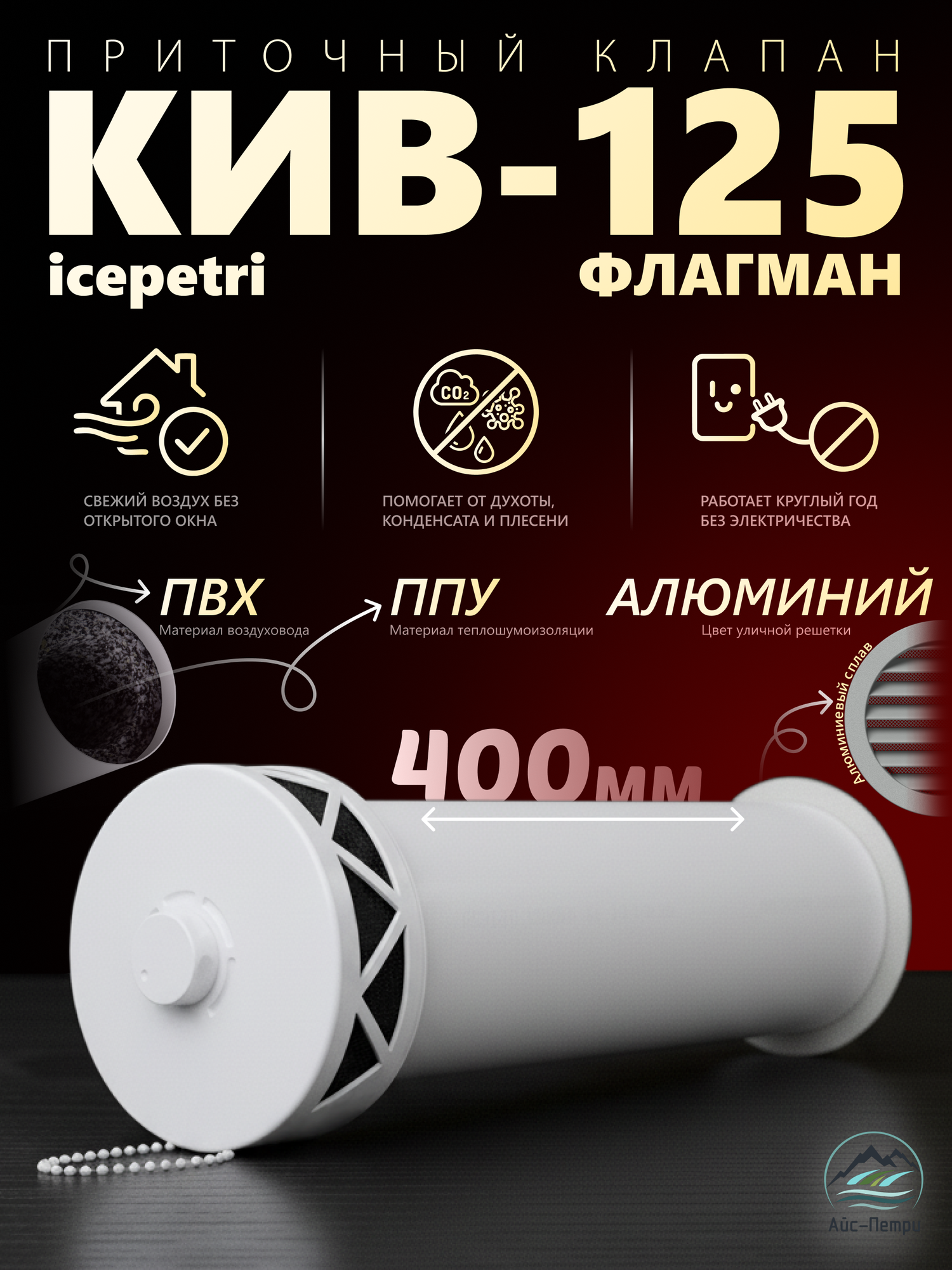 Приточный клапан КИВ-125 флагман 400 ПВХ алюминий