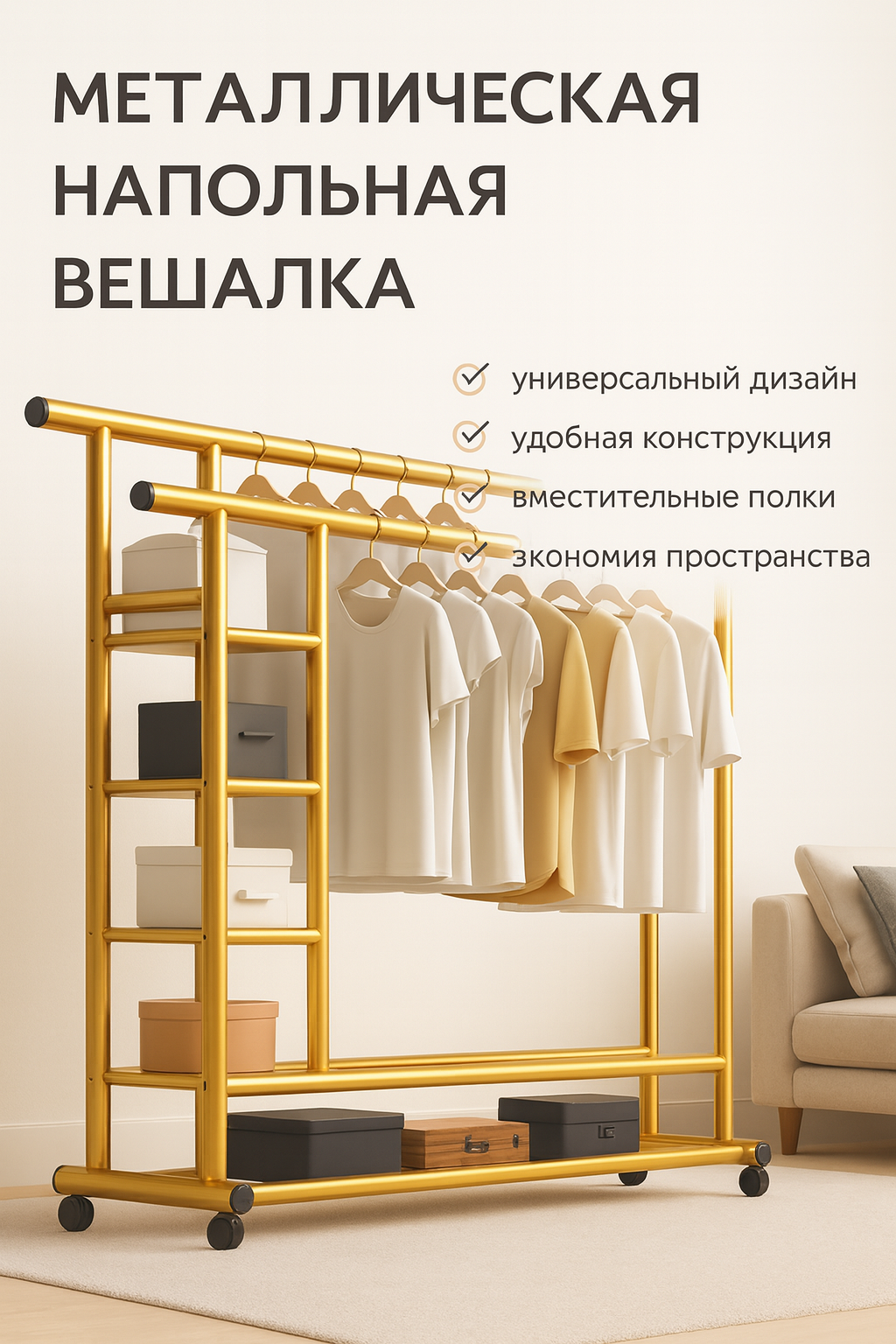 Вешалка напольная для одежды металлическая, чёрная, с полкой для обуви.