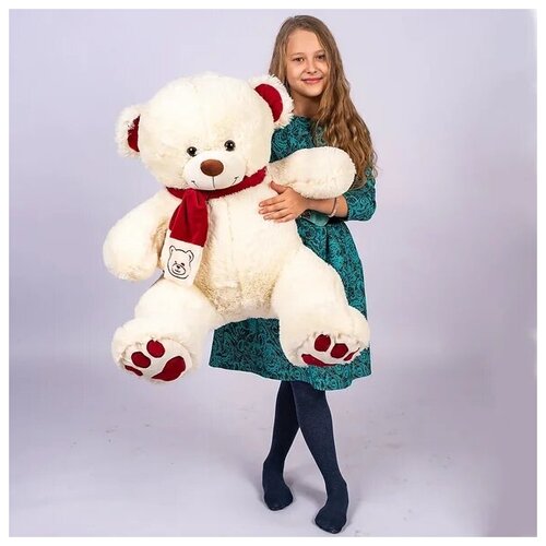 фото Большой плюшевый медведь игрушка 120 см с шарфом молочного цвета , большой мишка 120 см с сердечками на лапках medvedi