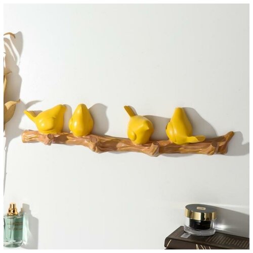 фото Крючки декоративные полистоун "четыре птички на ветке" жёлтые 10.5х6х45 см yandex market