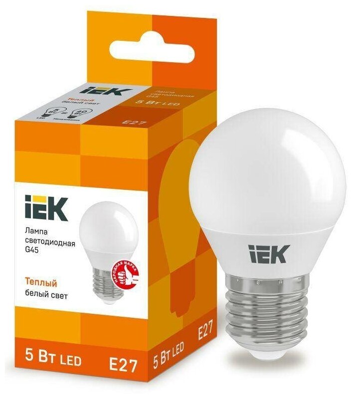 IEK Лампа светодиодная ECO G45 5Вт шар 3000К тепл. бел. E27 450лм 230-240В IEK LLE-G45-5-230-30-E27