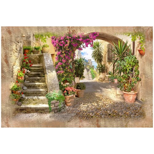 Фотообои Уютная стена Винтажный дворик с цветами в горшках 410х270 см Бесшовные Премиум (единым полотном)