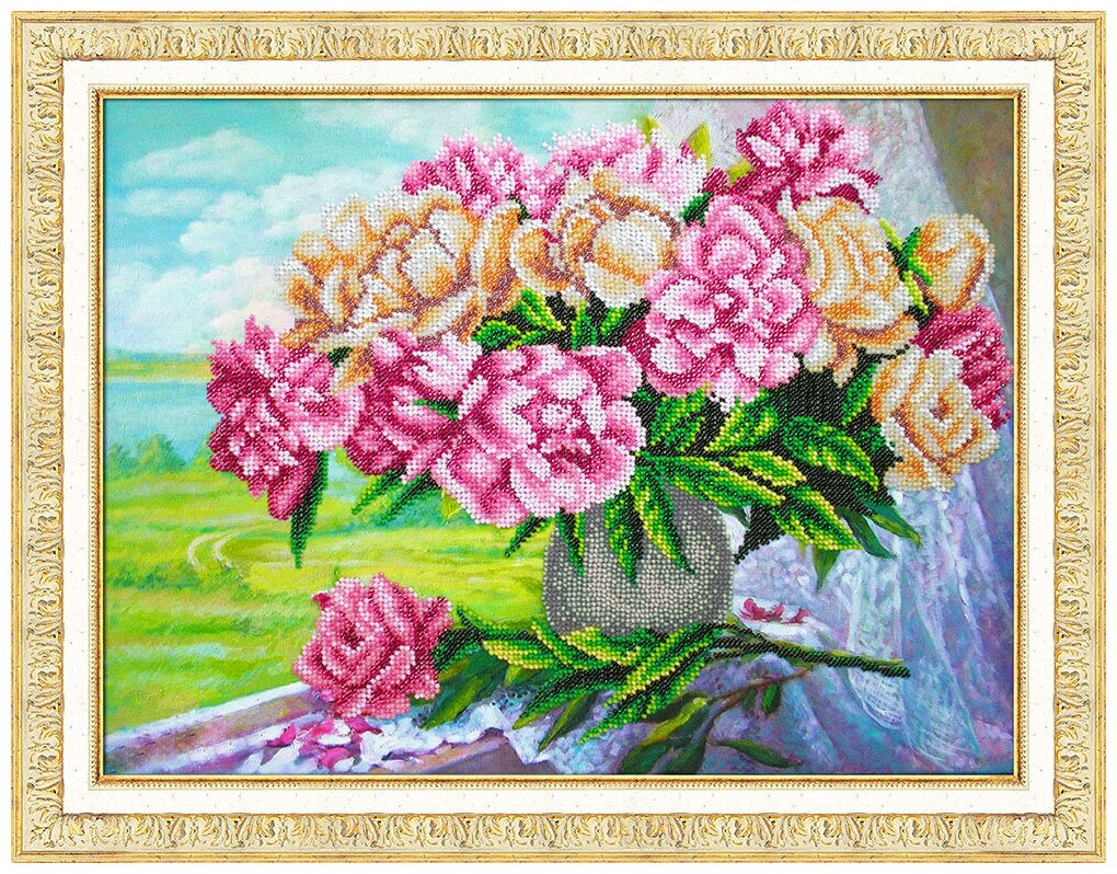 Набор для вышивания бисером паутинка арт. Б-1274 Розовые пионы 38х28 см