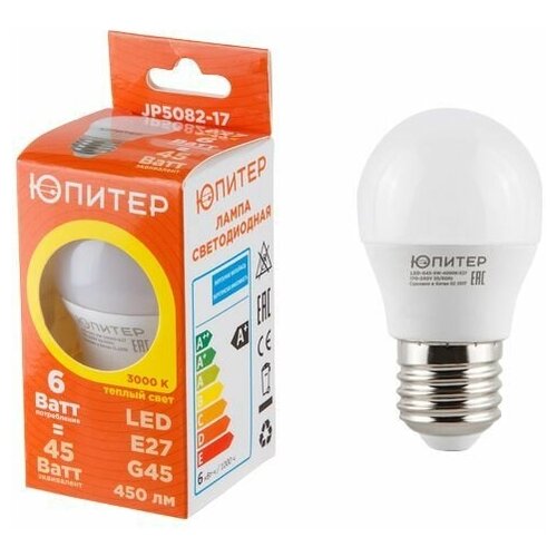 фото Лампа светодиодная g45 шар 6 вт 170-240в e27 3000к юпитер (45 вт аналог лампы накал., 450лм, теплый белый свет) (jp5082-17)