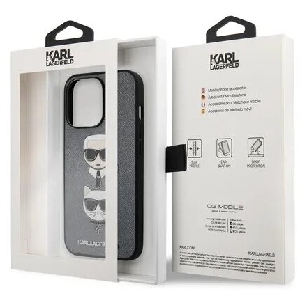 Lagerfeld для iPhone 13 Pro Max чехол PU Saffiano Karl & Choupette heads Hard Silver