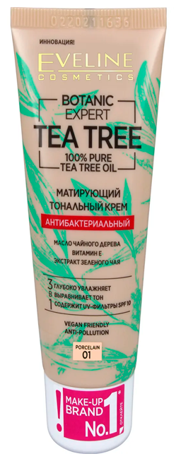 Крем тональный для лица `EVELINE` BOTANIC EXPERT 3 в 1 антибактериальный матирующий тон 01 porcelain