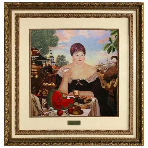 Картина вышитая шелком По Кустодиеву Купчиха за чаем ручной работы /см 60х60х3/багет+паспарту
