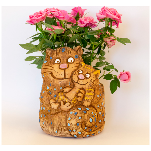 Кашпо керамическое для комнатных растений и цветов, Кошка с котёнком
