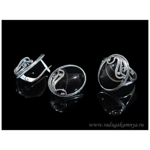 Комплект бижутерии: кольцо, серьги, агат, размер кольца 19, черный