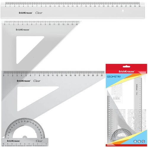 ErichKrause Набор чертежный большой 3 пр ErichKrause Clear, (лин, 2 угол, трансп.), прозр., во флоупаке