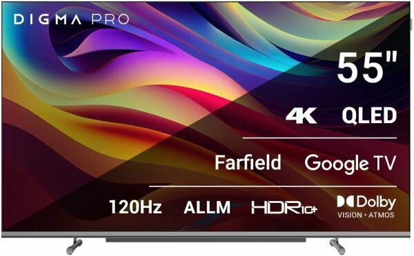Телевизор QLED Digma Pro 55 QLED 55L Google TV Frameless черный/серебристый 4K Ultra HD 120Hz HSR DVB-T DVB-T2 DVB-C DVB-S DVB-S2 USB WiFi Smart TV