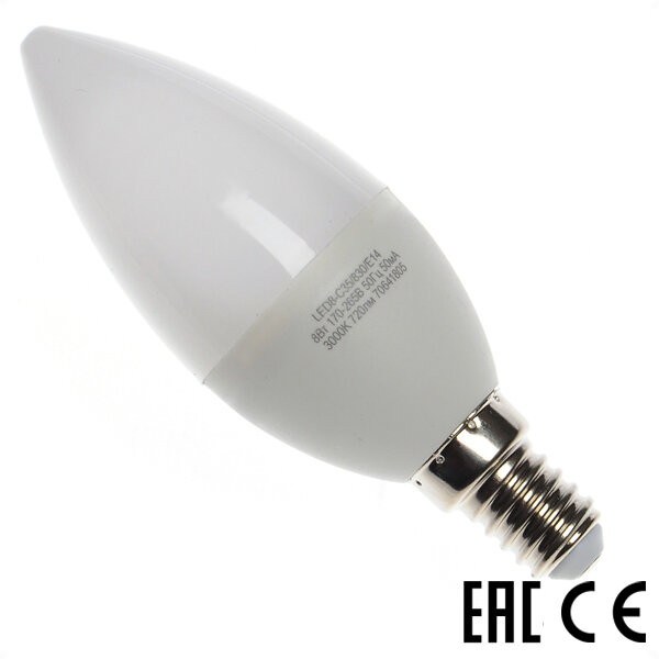 Лампа 8Вт LED8-C35/830/E14 220В 3000К светодиодная свеча тёплый белый свет (Camelion) (5 шт. в комплекте)