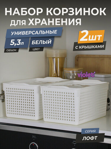 Изображение товара Корзина для хранения Лофт 5,3л с крышкой, набор 2шт, цвет белый / контейнер / хозяйственная коробка