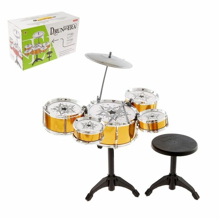 Барабанная установка КНР "Золотое время" 5 барабанов, 2 палочки, тарелка, стульчик (TH010-2)