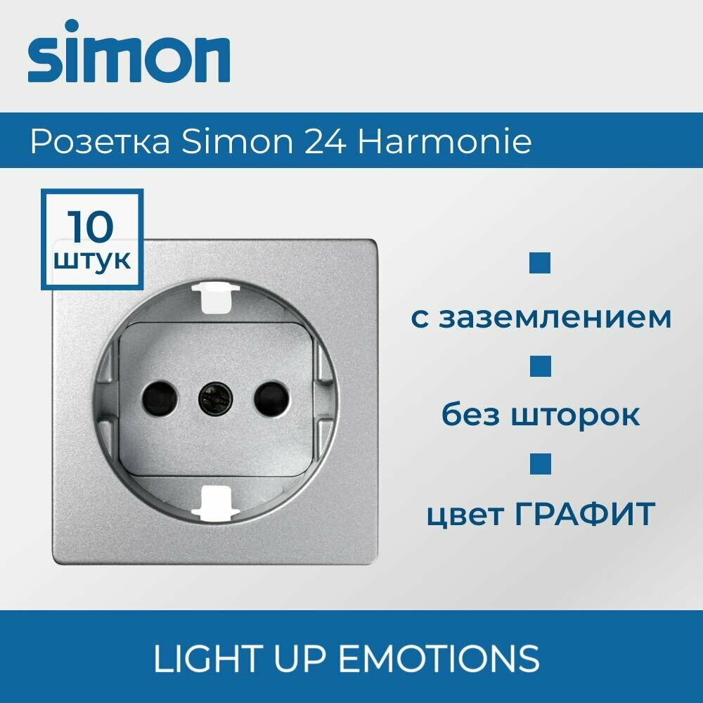 10 шт. Simon 82 Detail Накладка на розетку двухполюсную с заземляющим контактом, с защитными шторками, алюминий-графит