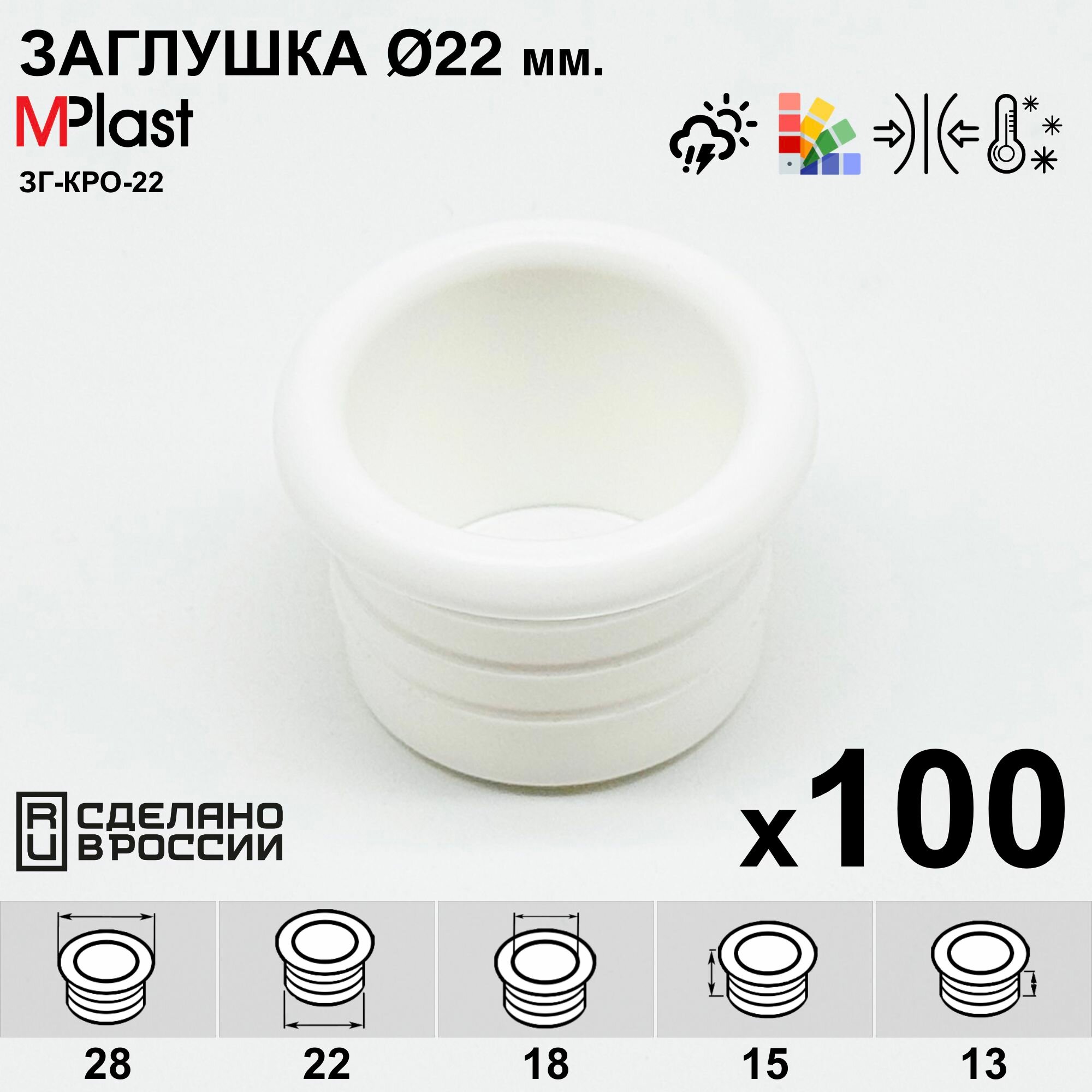 Заглушка круглая 22 мм с отверстием для кабеля декоративная для труб и профилей пластиковая мебельная белая 100 шт.