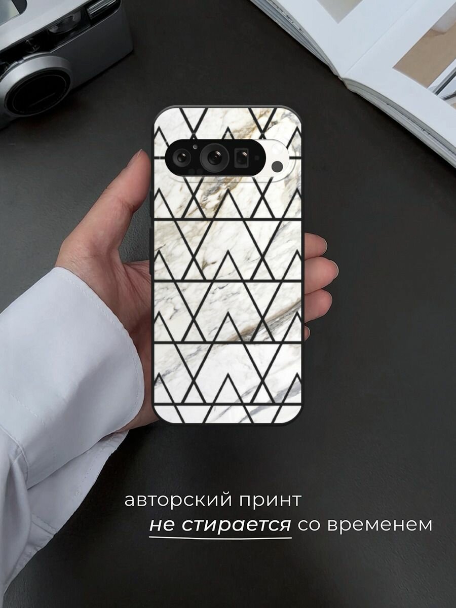 Черный матовый чехол на Google Pixel 9 Pro / Гугл Пиксель 9 Про с принтом "Белый мрамор с узорами треугольниками" — фото 1