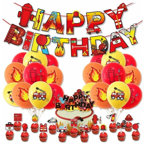 Декор-набор С Днем рождения Пожарный (гирлянда, топперы, шары, ленты)